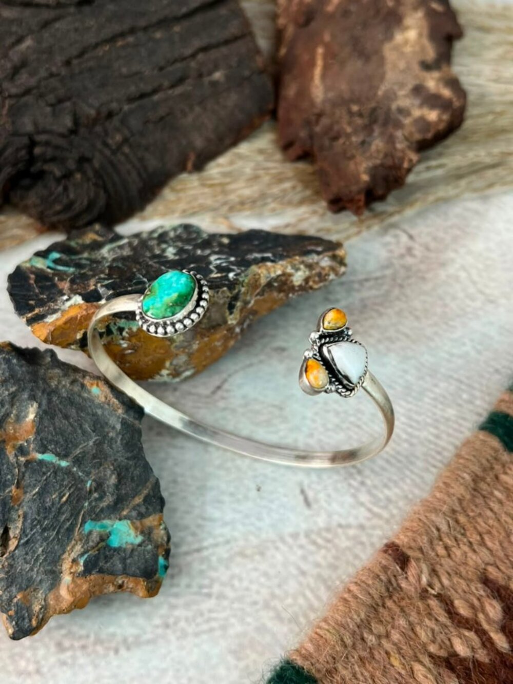 Handmade Sterling Silver Sonoran Mountain Turquoise with Bumblebee and White Buf